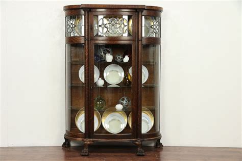 Victorian Oak Antique Leaded And Curved Glass China Or Curio Cabinet