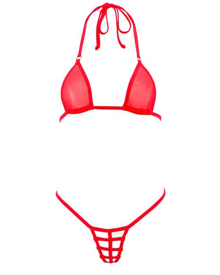 Solid Red Peek A Boo Open Exposed Extreme Micro G String Bikini 2pc Minimal Coverage Swimwear