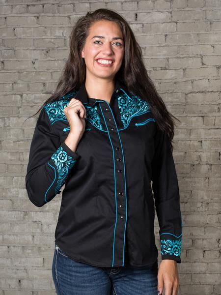 Womens Vintage Tooling Embroidery Black And Turquoise Western Shirt