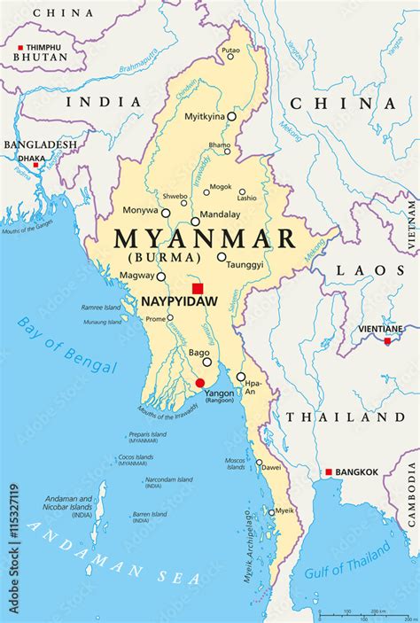 Vektorová grafika Myanmar political map with capital Naypyidaw