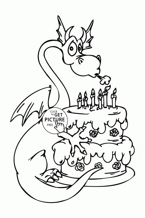This 100th birthday card celebrates 100 years of a wonderful life. Dragon and Happy Birthday Cake coloring page for kids ...