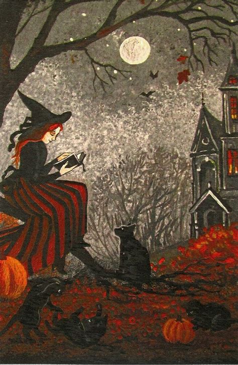 4x6 Print Of Painting Ryta Halloween Witch Black Cat