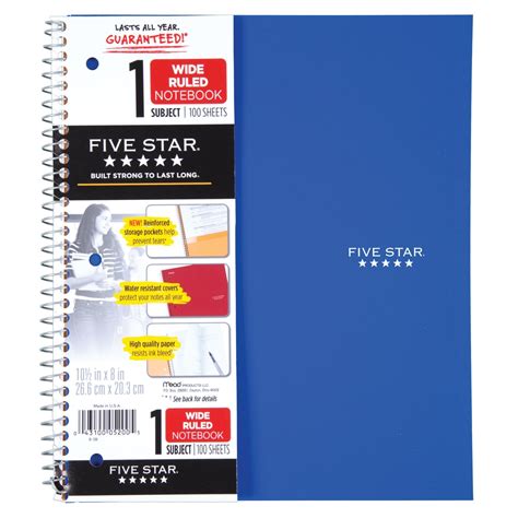 Five Star Spiral Notebook 1 Subject Wide Ruled 100 Sheets 105 X 8