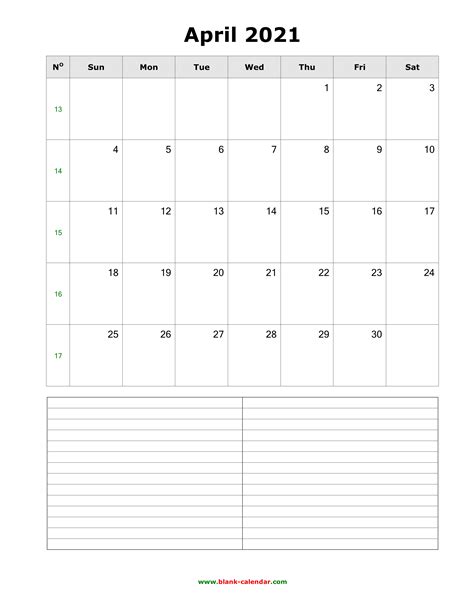 April 2021 Calendar Vertical Printable March