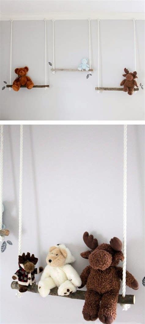 You might want to check out our 50 storage ideas to organize kids rooms post to discover other organizing projects. DIY Branch Swing Shelves | Stuffed animal storage, Kids ...