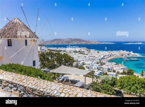 Mykonos Greece Panoramic View Of Mykonos Town Cyclades Islands Stock