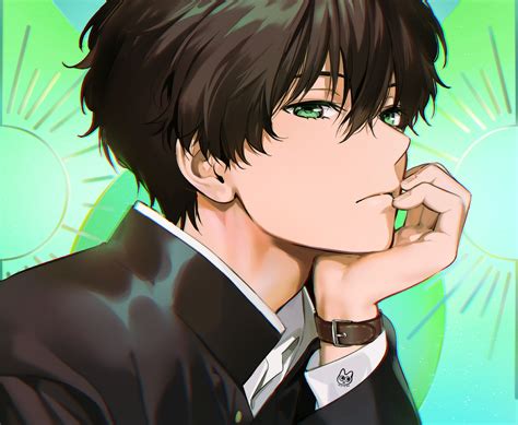 all male black hair close cropped green green eyes hyouka male mery apfl0515 oreki houtarou