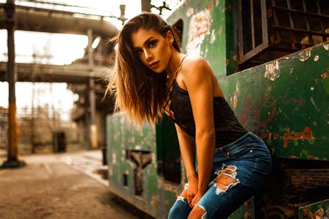 Wallpaper Women Brunette Long Hair Dark Eyes Black Tops Tanned Face Torn Jeans Miro