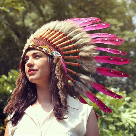 Native American Indian War Headdress Brown Fur Pink Feather
