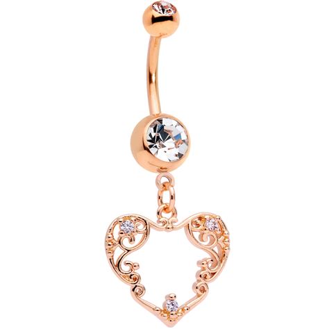 Clear Cz Gem Rose Gold Tone Scrollwork Heart Dangle Belly Ring