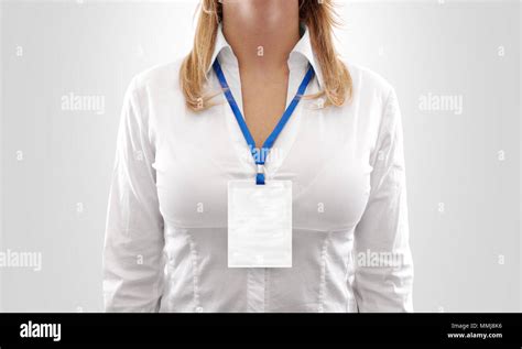 woman wear big blank white vertical badge mockup stand isolated  tag  neck  chest