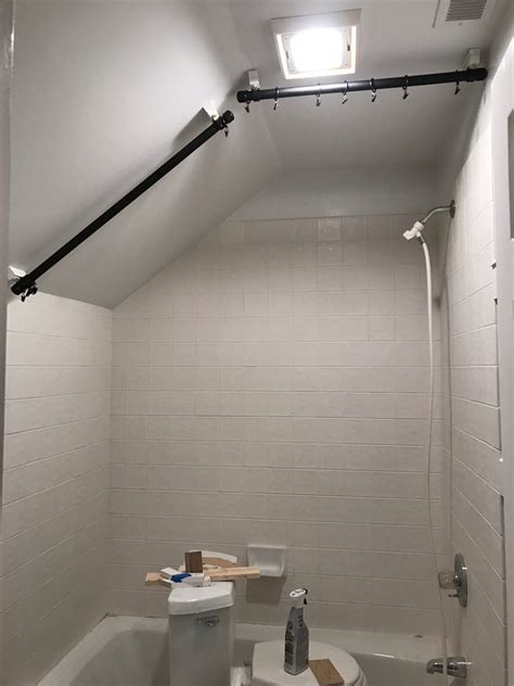 Make sure that the marks are the same distance from the ceiling on both walls. 7 Photos Shower Curtain Rod For Sloped Ceiling And ...