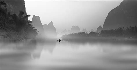 Nature Landscape Mist River Fisherman Mountain Palm Trees Monochrome China Morning