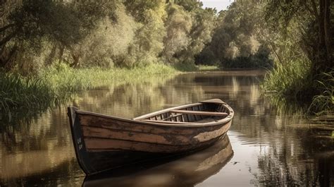 Wooden Boat On The River Surrounded By Bushes Background Bote Picture