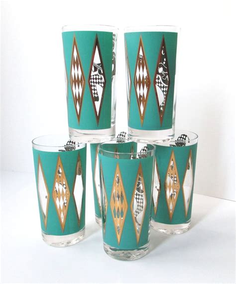 Vintage Drinking Glasses Retro Mid Century Turquoise And Gold
