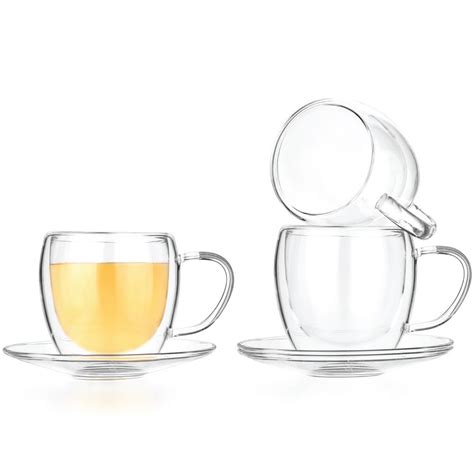 Double Wall Glasses And Saucers Set Of 4 Tea Cups And Mugs Teaware Glass Coffee Cups Coffee