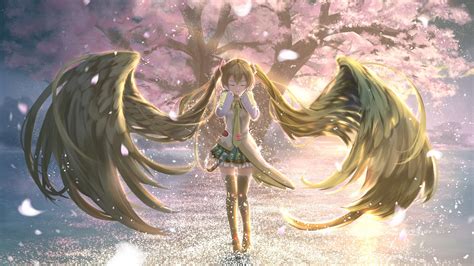 Wallpaper Illustration Closed Eyes Anime Girls Wings Thigh Highs Hot