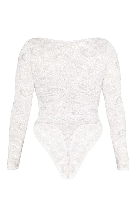 shape white lace long sleeve lace up bodysuit prettylittlething usa