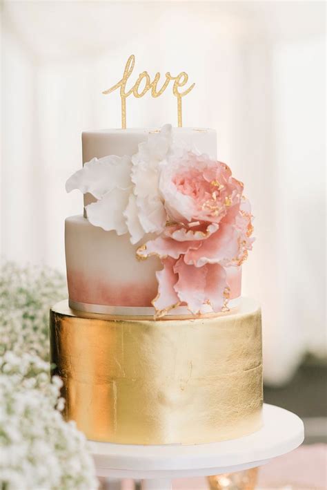 Blush Pink And Gold Wedding Cake Roses And Rings Weddings Fashion