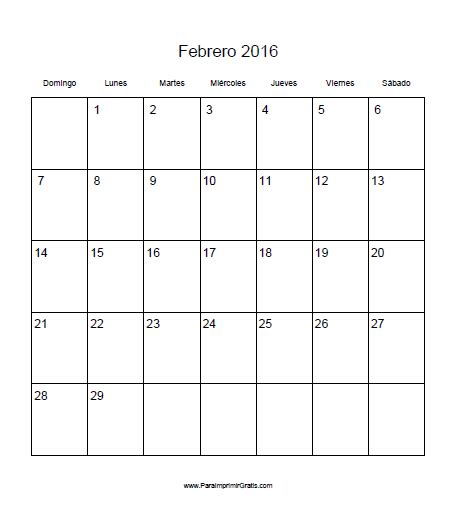 Calendario Febrero 2016