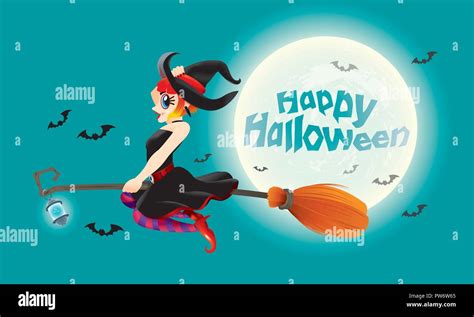 A Cute Witch Flying With Her Magic Broom With Full Moon Night Scene