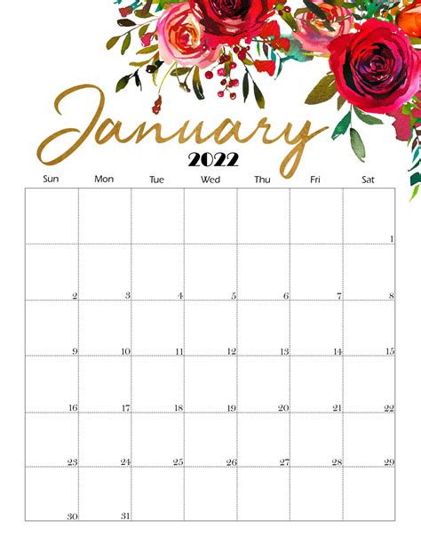 Cute January 2022 Calendar Printable Floral Designs