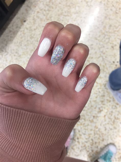 White Acrylic Nails With Silver Glitter Ombre Just Lightly Brush It