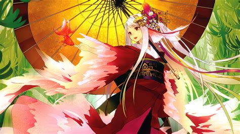 Anime Girls Umbrella Fish Kimono Japanese Umbrella Original Characters Wallpapers Hd