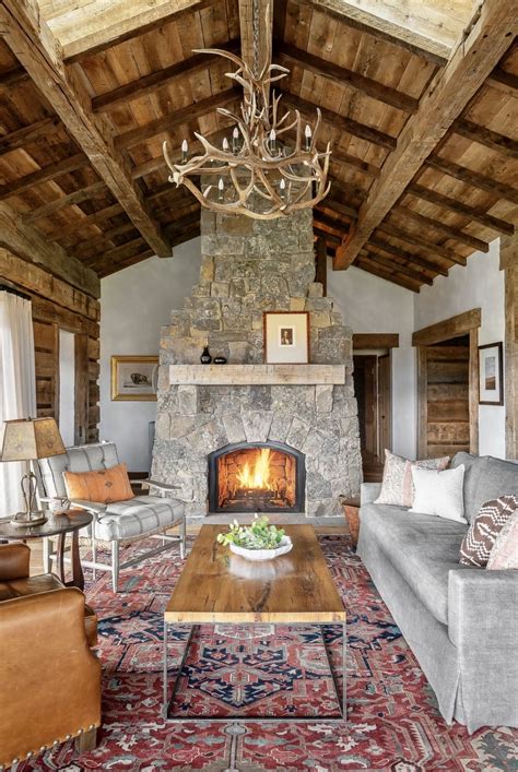 Elegant Country Style Cozy Living Room Decor With Stone Fireplace And