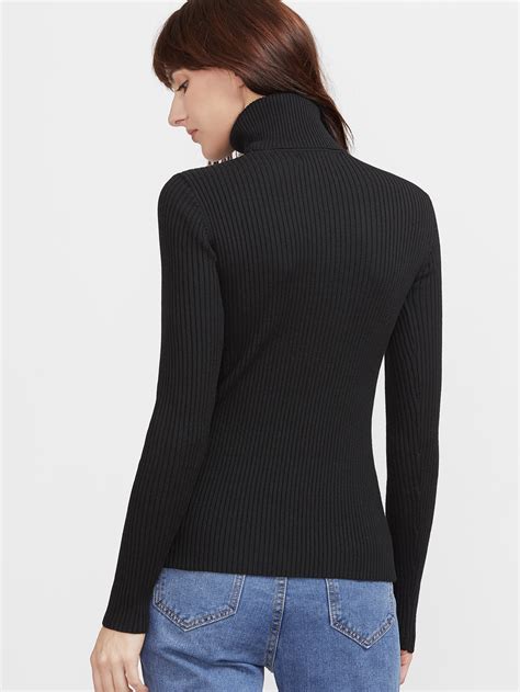 Black Turtleneck Cut Out Ribbed Sweater Sheinsheinside
