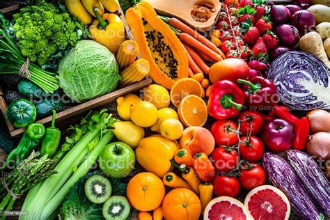 Healthy Fresh Rainbow Colored Fruits And Vegetables Background Stock