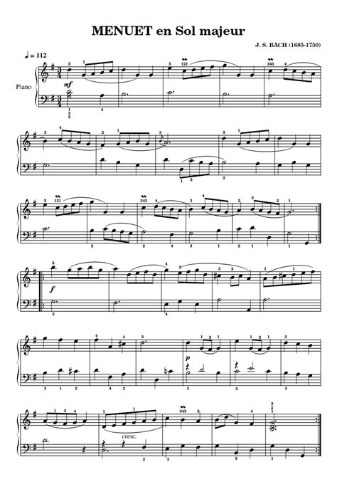 Menuet En Sol Majeur Johann Sebastian Bach Sheet Music For Piano