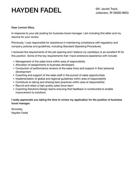 Business Travel Manager Cover Letter | Velvet Jobs