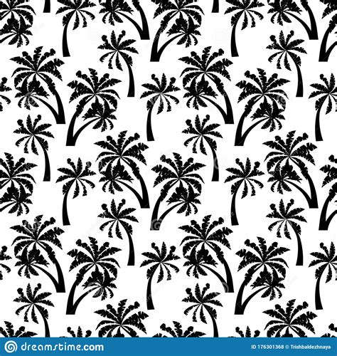 Black Palm Trees Vintage Seamless Pattern Isolated On White Background