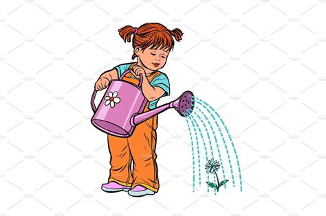 Girl Watering Can Watering A Flower Vector Graphics ~ Creative Market
