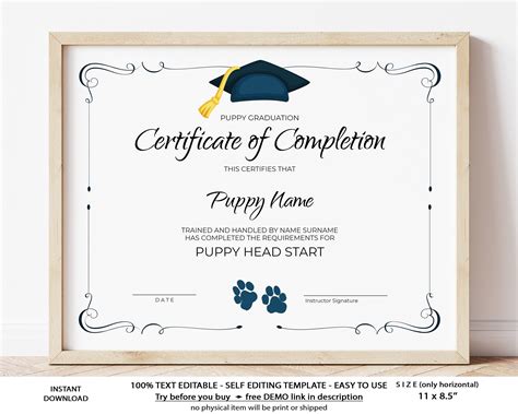 Puppy Graduation Certificate Template Editable Certificate Of Etsy