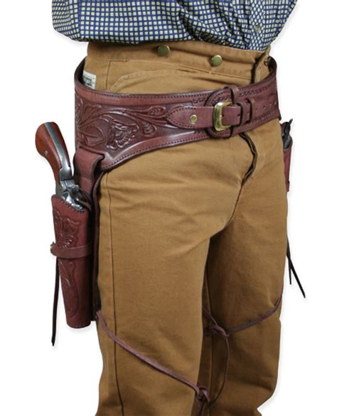 4445 Cal Western Gun Belt And Holster Double Clay Tooled Leather