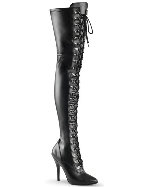 Lace Up Front Thigh High Black Boots In Black Faux Leather