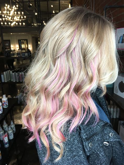 Pink Highlights In Blonde Hair Uphairstyle