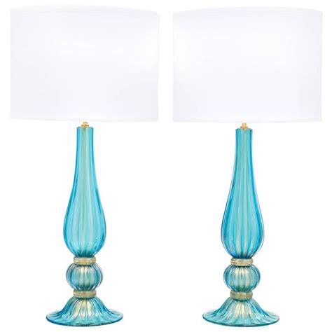 Pair Of Gold Flecked Turquoise Murano Glass Lamps From A Unique