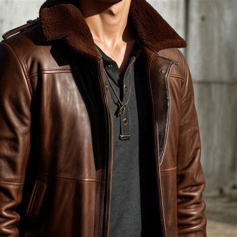 Premium Ai Image A Man In A Brown Leather Jacket Stands In Front Of A