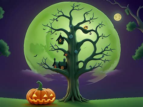 Happy Halloween Witch House Pumpkin Tree And Moon With Happy Face On