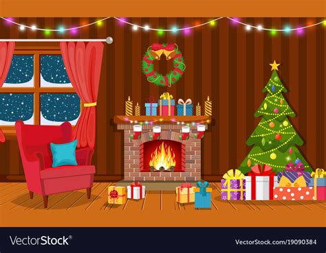 Cartoon santa and mrs claus in the living room decorated royalty free illustrations. Christmas interior of the living room Royalty Free Vector