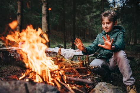 Boy Warms His Hands Near Campfire In Forest Hedemora Energi