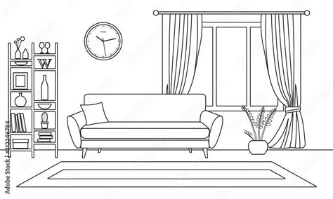 Vettoriale Stock Living Room Interior Outline Sketch Line Style