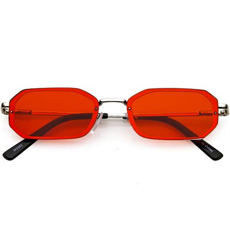 Small Rimless Rectangle Sunglasses Color Tinted Lens 53mm Silver Red
