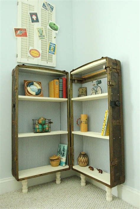Large Suitcase Converted Into Storage Cabinet With White Shelves Suitcase Decor Repurposed
