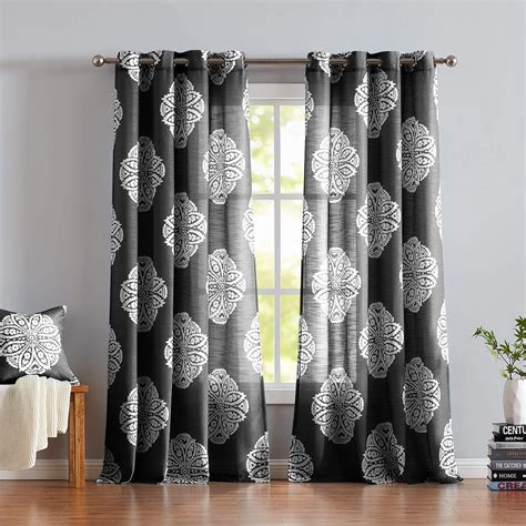 Black White Window Curtains 84 Inch For Living Room Print Medallion On