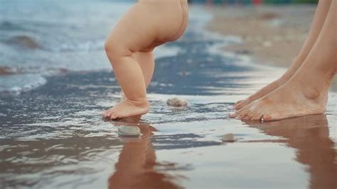 Mother Baby Foot Walking On Sand Beach Close Stock Footage Sbv