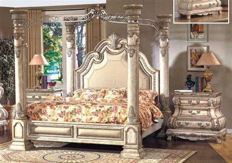 Super king tudor canopy four poster bedroom set 100% solid mahogany bed bedsides. Mcferran B9097-EK Monaco Blanc Luxury King Size Canopy ...